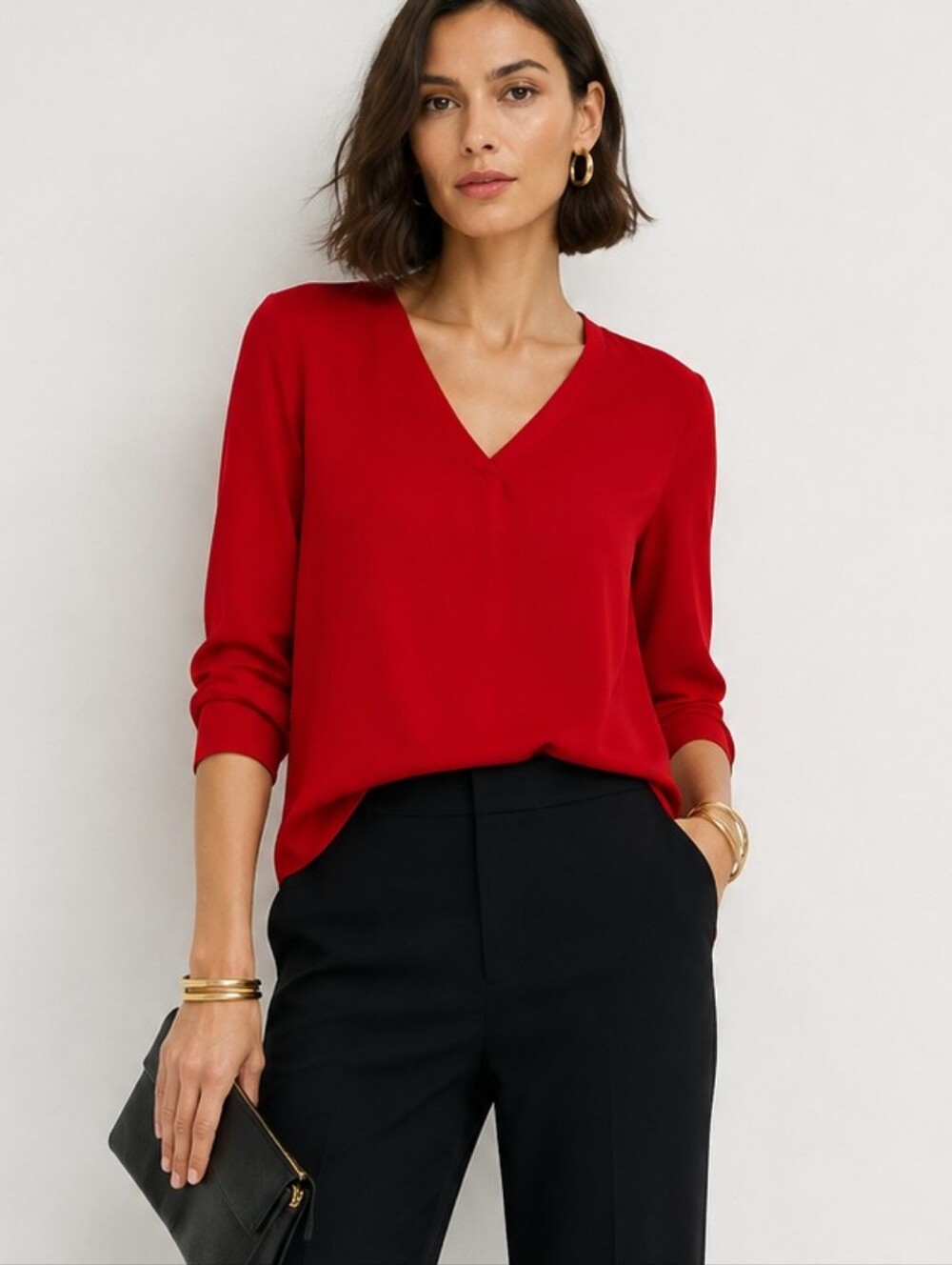 Zara Vibrant Red V-Neck Blouse Long Sleeve
